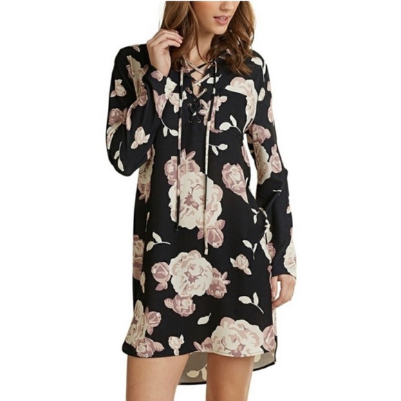 Mud Pie Dresses & Skirts - Mud Pie Kinsley Lace Up Floral Shirt Dress |Tunic Long Sleeve Black Size S